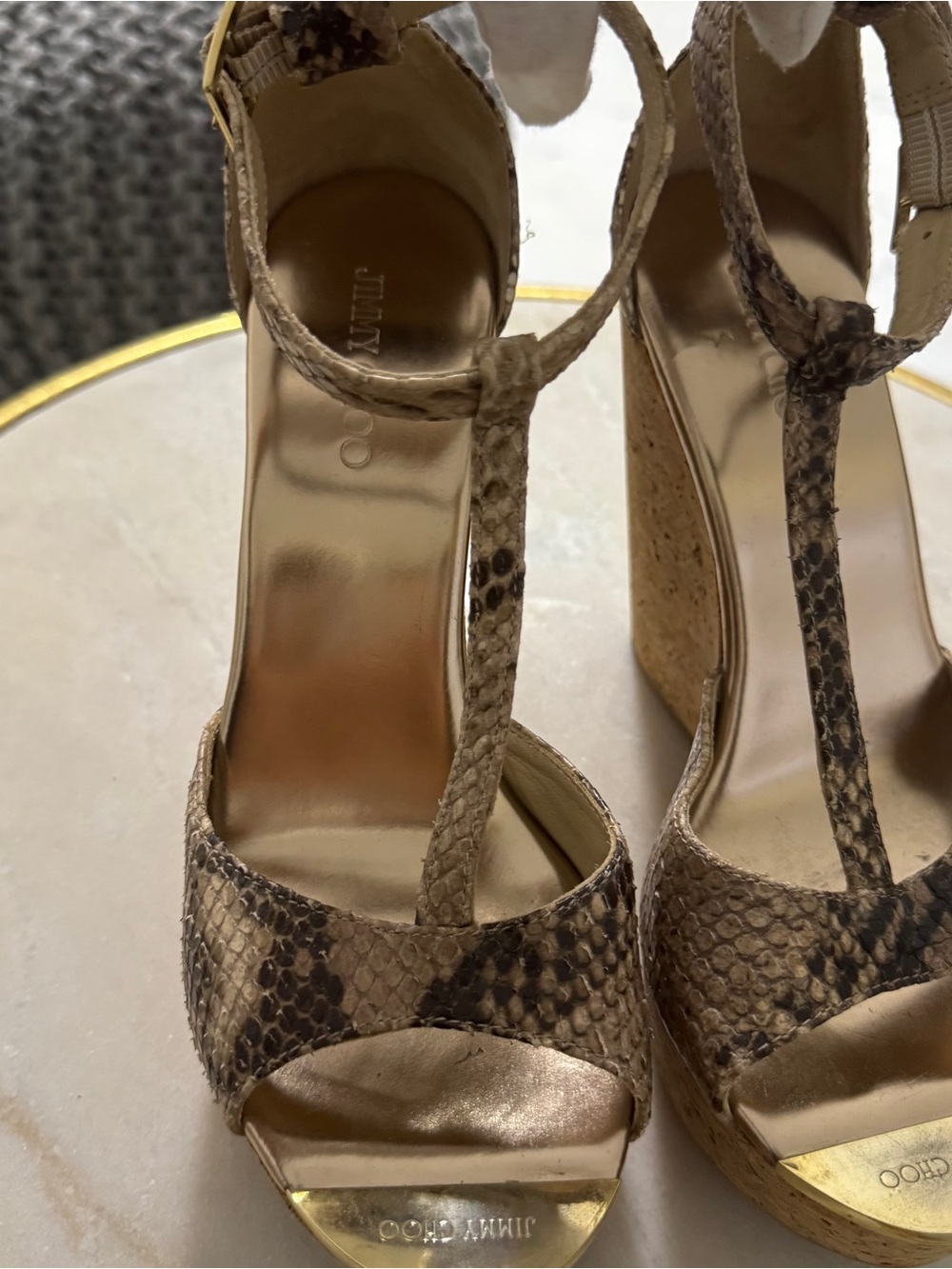 Jimmy Choo Taupe Snake-Print Cork Wedge Sandals